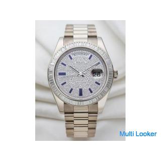 Ungetragene Rolex Day-Date 18 Karat Weißgold | Baguette-Lünette | Pave-Zifferblatt & blauer Emai