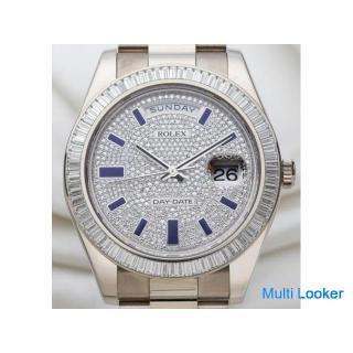 Ungetragene Rolex Day-Date 18 Karat Weißgold | Baguette-Lünette | Pave-Zifferblatt & blauer Emai