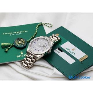 Ungetragene Rolex Day-Date 18 Karat Weißgold | Baguette-Lünette | Pave-Zifferblatt & blauer Emai