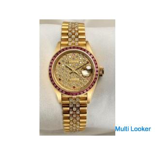 Seltene Rolex Lady DateJust 69098 18 Karat Gelbgold Gold Dispers Pave Diamond & Ruby Dial