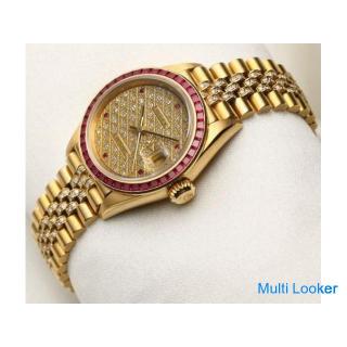 Seltene Rolex Lady DateJust 69098 18 Karat Gelbgold Gold Dispers Pave Diamond & Ruby Dial