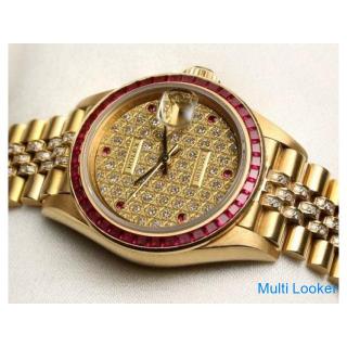 Seltene Rolex Lady DateJust 69098 18 Karat Gelbgold Gold Dispers Pave Diamond & Ruby Dial