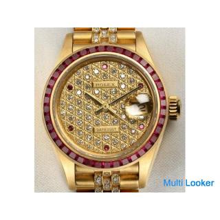 Rare Rolex Lady DateJust 69098 18k Yellow Gold Gold Dispersed Pave Diamond & Ruby Dial